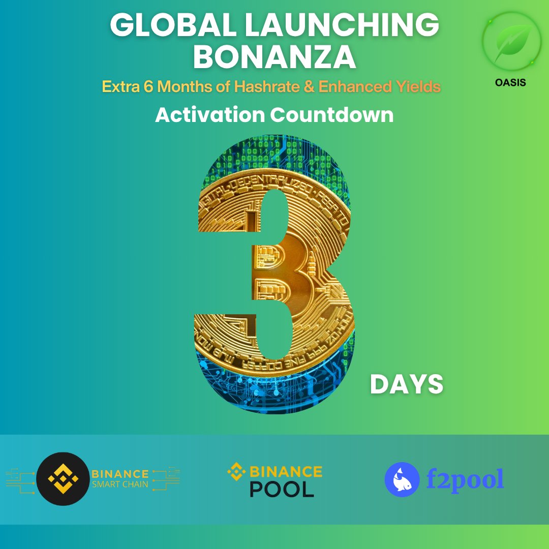 OasisCoreINC's tweet photo. 🚀 【3-Day Countdown】Global Launching Bonanza
 Join the OASIS Global Launching Festival to unlock an Extra 6 Months of Hashrate & Enhanced Yields!
⚠️ Limited to 100 slots, first come, first served! Once slots are sold out, the system will automatically revert to the standard 24-month contract. 
🤝 Top-tier ecosystem support: Jointly powered by Binance Smart Chain, Binance Pool, and f2pool

🔥 Last 3 days! Hurry up and register on our DApp: 
🔗 China Mainland Access: https://t.co/jvyyJyQ73E
🔗 International Access: https://t.co/Ygpp12omY0