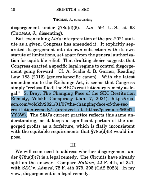 OrinKerr's tweet photo. As @VolokhC notes, today's concurring opinion by Justice Thomas in Sripetch v. SEC is the second citation to a Volokh Conspiracy post appearing in a Supreme Court opinion. 
https://t.co/i0eDPEpvhd https://t.co/yMlZjzMfGu