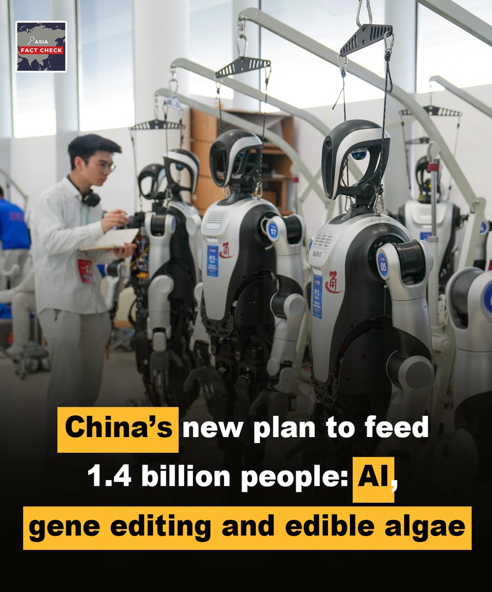 AsiaFactCheck's tweet photo. China is betting on AI, gene editing, and even edible algae to secure food supplies for its 1.4 billion people as climate pressures, shrinking farmland, and rising demand reshape global agriculture. Beijing is rapidly investing in agri-tech innovation to reduce import dependence and boost long-term food resilience. The next global food revolution may come not from farms alone, but from laboratories and algorithms.
#China #Newplan #Feed #BillionsofPeople #Algorithms #Laboratories #Climatepressures #GlobalAgriculture
