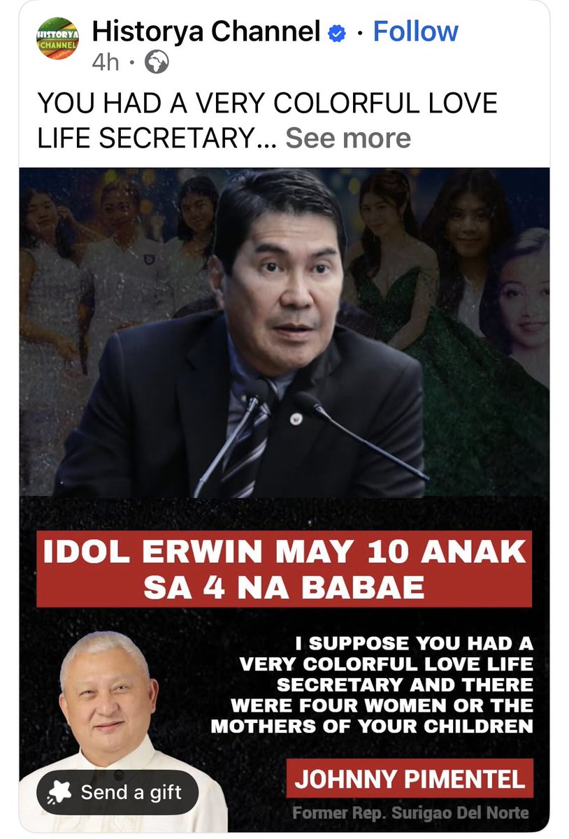 iSabongera's tweet photo. AYAYAY! Nahalungkat tuloy ang mga nakatago sa baul mo Erich 🤣🤣🤣

“YOU HAD A VERY COLORFUL LOVE LIFE SECRETARY

Alam niyo ba na si Erwin Tulfo ay may 10 anak sa apat na magkakaibang babae.

Ang impormasyong ito ay mismong idineklara ni Tulfo sa kanyang personal profile at pormal na nabanggit sa publiko noong Nobyembre 2022. Naganap ito habang isinasagawa ang kanyang confirmation hearing sa harap ng Commission on Appointments (CA) para sa posisyon niya noon bilang Kalihim ng Department of Social Welfare and Development (DSWD).

Si dating Surigao del Norte Rep. Johnny Pimentel ang nakapansin at nag-ungkat ng detalyeng ito mula sa isinumiteng talaan ni Tulfo. Biniro pa nito ang opisyal na mayroon siyang napakakulay na buhay-pag-ibig ("colorful love life").

Nang tanungin sa hearing kung maayos ba ang kanyang relasyon sa mga ina ng kanyang mga anak, kinumpirma ni Tulfo na mabuti at maayos ang kanyang pakikitungo sa kanilang lahat. Siniguro rin niya na hindi ito nakakaapekto sa kanyang trabaho at pagsisilbi sa bayan.

Bukod sa isyu ng kanyang dating citizenship, ang usaping ito sa kanyang personal na buhay at pamilya ay naging bahagi ng pagsusuri ng CA bago ang naging desisyon sa kanyang opisyal na pagkakatalaga.”

//Historya Channel
https://t.co/22qwpKRYnC