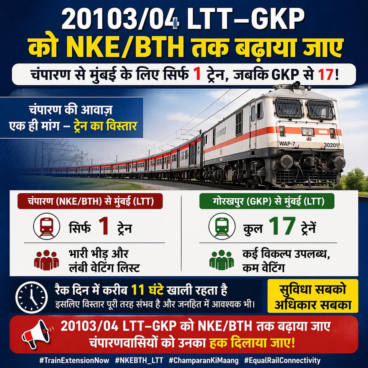 Nkerailfan's tweet photo. 🚆 20103/04 LTT–GKP को NKE/BTH तक बढ़ाया जाए—चंपारण से मुंबई के लिए सिर्फ 1 ट्रेन, जबकि GKP से 17; भारी भीड़ व लंबी वेटिंग, जबकि रैक 11 घंटे खाली रहता है, इसलिए विस्तार पूरी तरह संभव है।@Srdomspj @spjdivn @ECRlyHJP @chg_hjp @Central_Railway @drmmumbaicr @srdcmspj @GM_CRly https://t.co/ep7HXZp5DH
