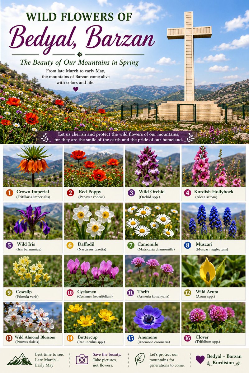 floringorgis's tweet photo. The mountains of Bedyal, Barzan are blessed with an extraordinary variety of wildflowers, each adding its own color and beauty to our homeland. 
🌺🌻🌷🌼🪷🪻🌸🌿
May we continue to appreciate and protect this precious natural heritage for generations to come.
📍 Bedyal – Barzan – Kurdistan
#Bedyal #Barzan #Kurdistan #WildFlowers #NaturePhotography