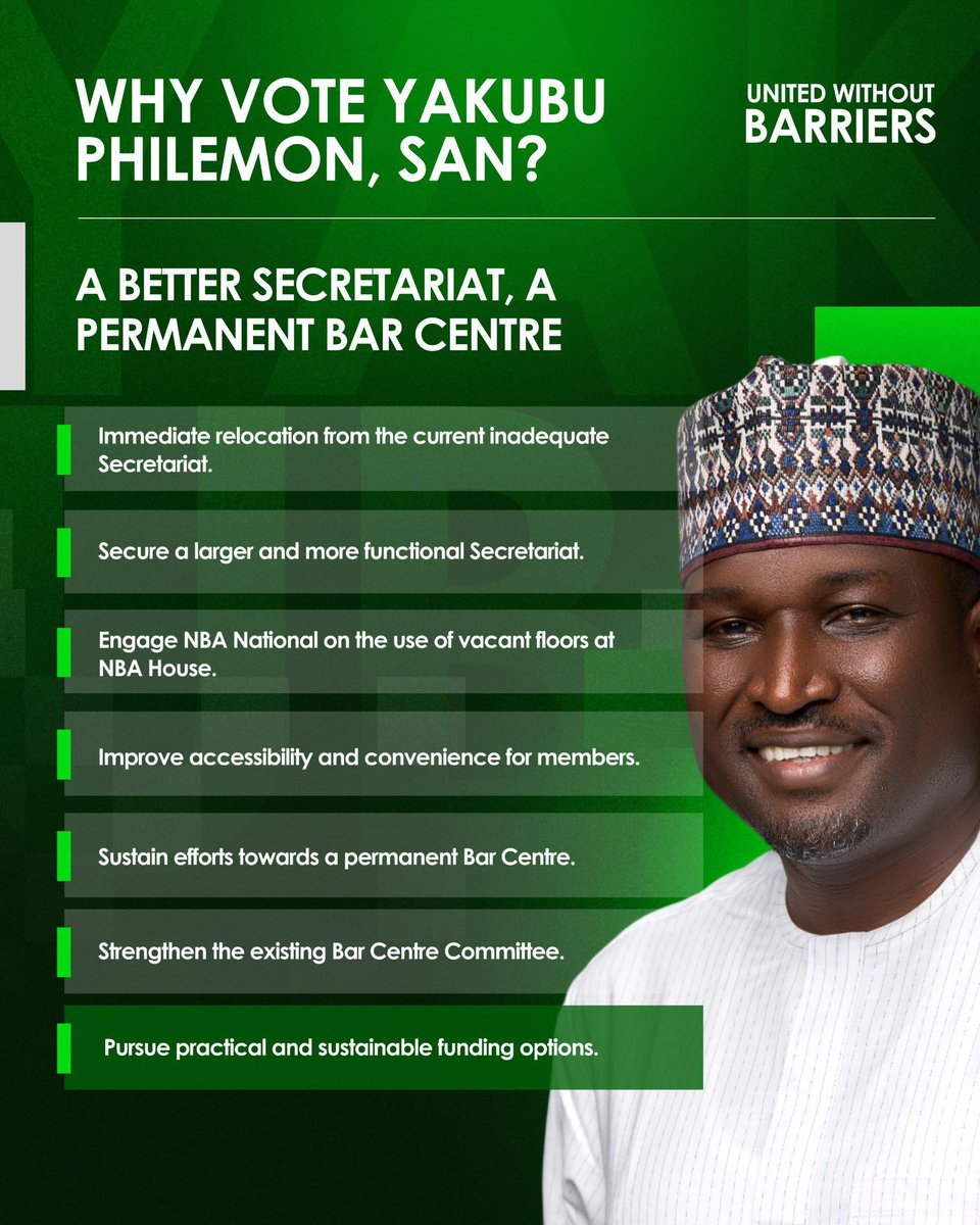 Yaxphil's tweet photo. A BETTER SECRETARIAT. A LASTING LEGACY.

#UnitedWithoutBarriers
#WhyVoteYakubuPhilemonSAN
#TheManifestoSeries
#UnityBarDecides
#ABetterSecretariat
#PermanentBarCentre https://t.co/QSOSnMg97q