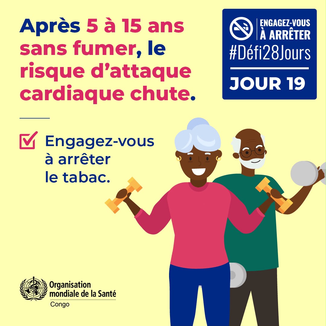 GiseleGisma's tweet photo. Chaque année sans tabac compte. Après quelques années d’arrêt, le risque d’attaque cardiaque diminue considérablement. ❤️

Aujourd’hui est un bon jour pour commencer.

#Défi28Jours #Jour19 #OMSCongo https://t.co/JpCiIooZVW