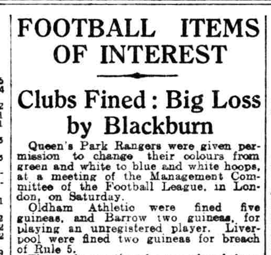 retroQPR's tweet photo. #OnThisDay 💯 years ago 

📅 5/6/1926

📰 @QPR CHANGE THEIR COLOURS TO BLUE AND WHITE HOOPS 

At a meeting of the Football League management committee in London, it was agreed that @QPR could change their colours from green and white to blue and white hoops. 🔵⚪

#QPR https://t.co/SUFP6HjeoS