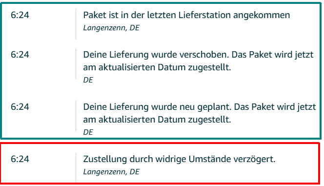 DocDentN's tweet photo. Manche Lieferungen kann man in Echtzeit verfolgen.
Andere, (Zustellung zwischen 7 und 19 Uhr) muss man über die @amazonDE Webseite verfolgen und erhält dann nur die ersten 3 "6.24" Einträge, die genau nichts aussagen.
Erst am Folgetag erfährt man mit dem 4. Eintrag dass die Sendung nicht geliefert werden konnte.
Ist ja auch keine Aufwand, dafür zu sorgen, dass 12h jemand zu Hause ist.