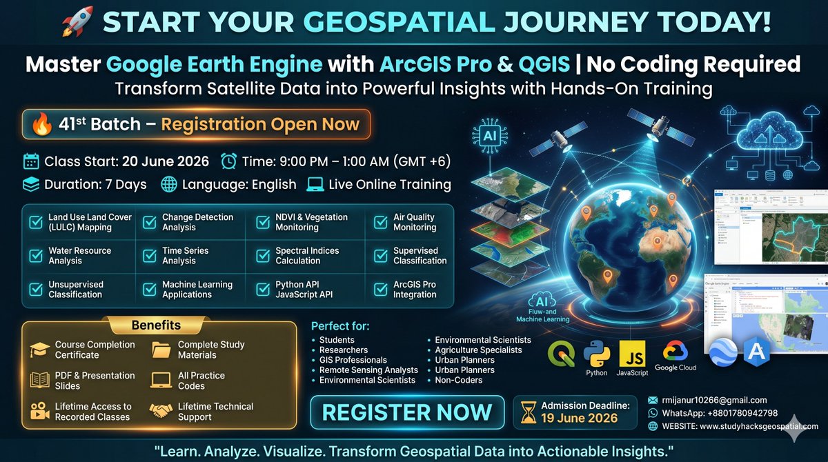 GISRSStudyHacks's tweet photo. 🚀 Start Your Geospatial Journey Today! Learn Google Earth Engine in ArcGIS Pro &amp; QGIS — No Coding Required. Transform satellite data into powerful insights with hands-on training.

#googleearthengine #remotesensing #GIS #Geospatial #GeospatialAnalysis #SpatialData https://t.co/sAjtmDJQSK