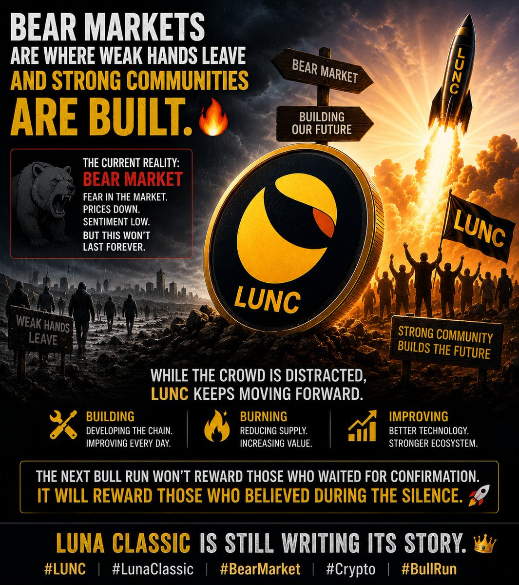 Shibmanager's tweet photo. Bear markets are where weak hands leave and strong communities are built. 🔥

While the crowd is distracted, LUNC keeps moving forward.

Building.
Burning.
Improving.

The next bull run won't reward those who waited for confirmation.
It will reward those who believed during the silence. 🚀

#LUNC #LunaClassic #BearMarket #CryptoBullRun