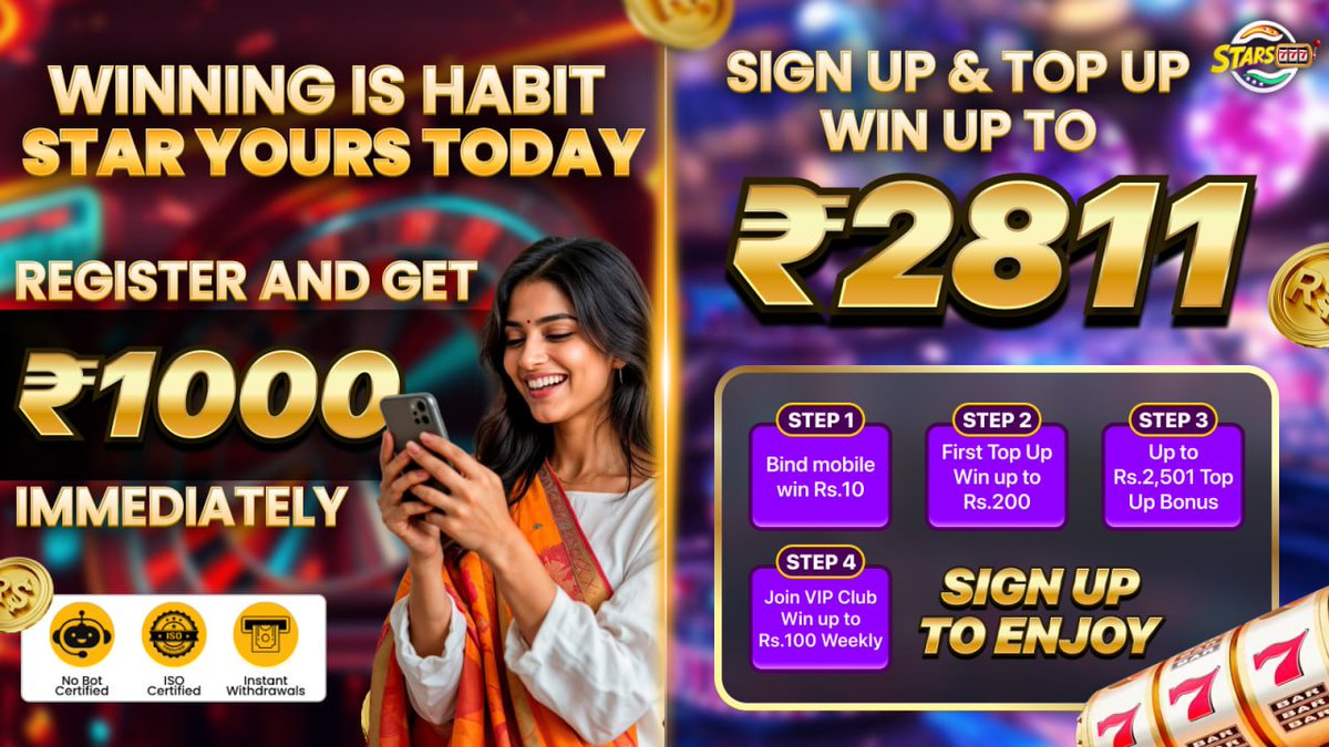 Stars777India's tweet photo. 💎 Bigger Bonuses. Bigger Wins. 💎

💎 Ready To Win?

🎁 Up To ₹1,000 Welcome Rewards
💰 Up To ₹2,811 Bonus Benefits
🔥 Play. Win. Withdraw.

🌐 Play Now: https://t.co/dyrgypvGhn https://t.co/rP8qPn0spA
