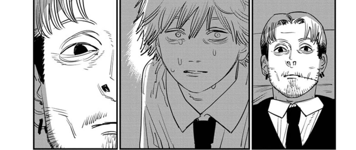 hatsu3425's tweet photo. This is not the face of a man looking at a hero who just finished a rallying speech

Hes looking at a child crying about wanting love

And Kishibe knows that unfortunately, he needs to take advantage of that to save the world

Its why he closes his eyes as he pushes Denji forward https://t.co/Tz1b25jqIW