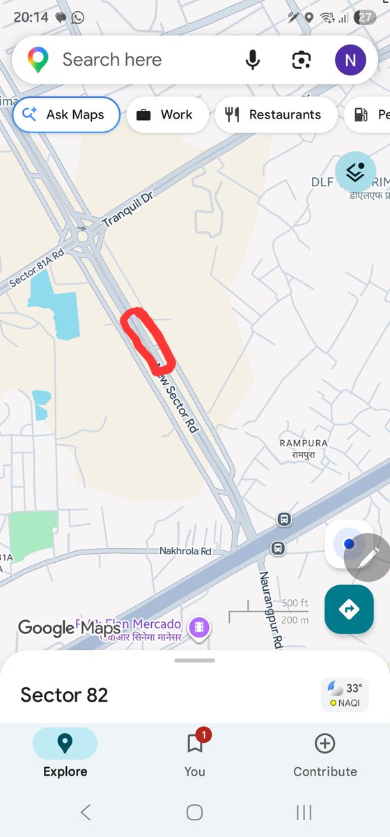 ThisIsNaveenSh's tweet photo. @OfficialGMDA  while going towards Rampura Flyover from Sector 81 Gurgaon the road marked in red is completely broken with huge pot holes . Why have to write on twitter to resolve this @cmohry @DC_Gurugram @TrafficGGM https://t.co/HvFVRTdlWt