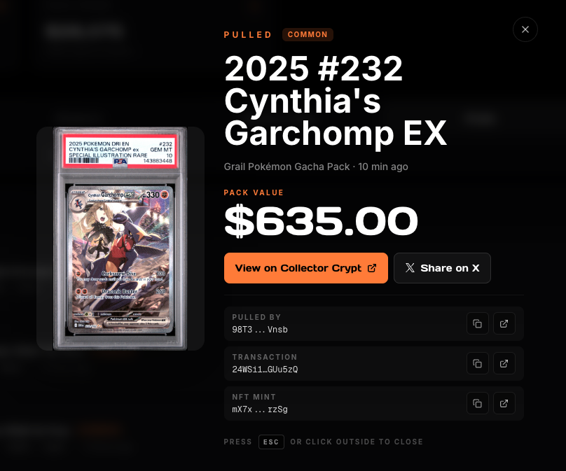 packs_supply's tweet photo. A $PACKS staker just pulled a $635 dollar pokemon card!

2025 #232 Cynthia's Garchomp EX

Check it out at https://t.co/O5IP6eUZir https://t.co/uTf788geoY