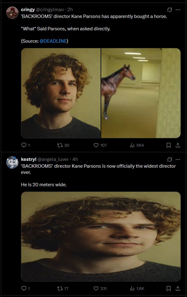 implk4's tweet photo. My enitre twitter feed is now just
'BACKROOMS' director Kane Parsons says/does thing https://t.co/M8vf2wjmOA