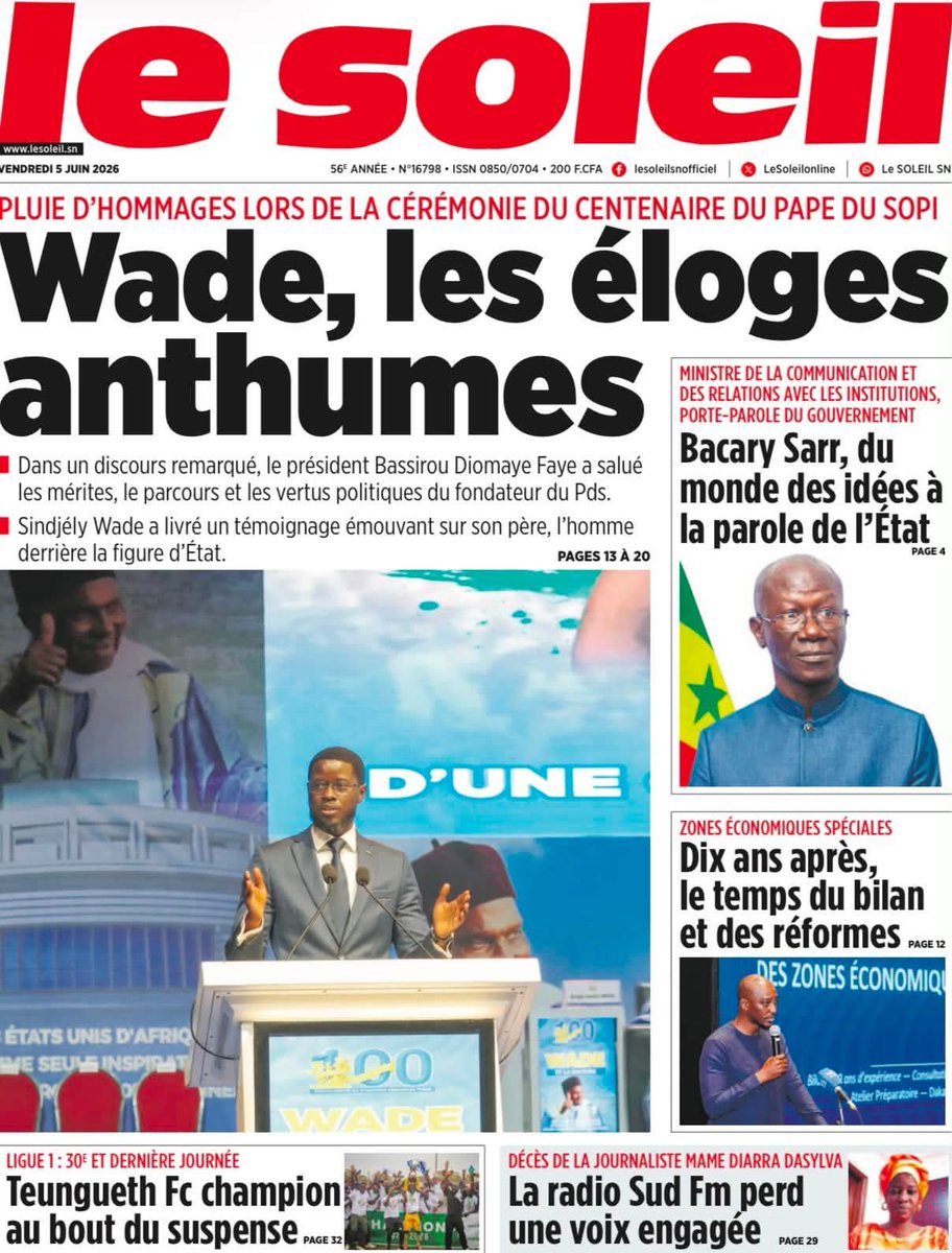 MasseneDIOUF3's tweet photo. Thread  la Une  des  journaux Sénégalais  du Vendredi  05  Juin  2026 🇸🇳👇🏽.
Bonne  journée  à  tous 🇸🇳 😍.

#Senegal 
#kebetu https://t.co/2LpqO7ngh4