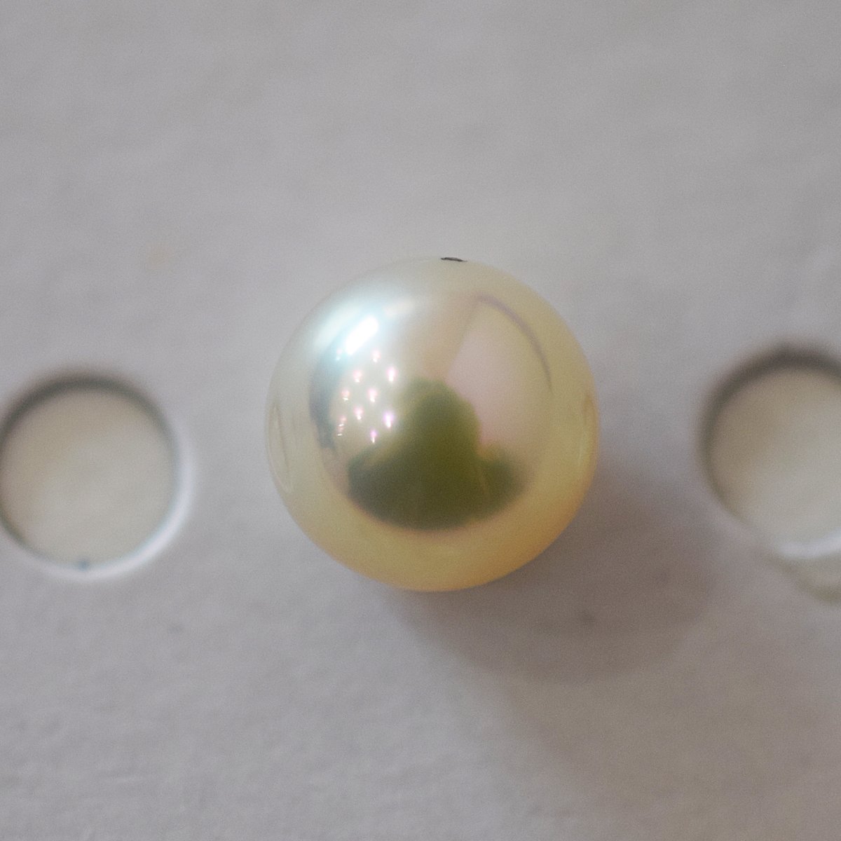 reenspearl's tweet photo. 商品写真用に真珠のルース撮影をしていたのですが、イエローベースにグリーンやピンクの干渉色が美しかったので先にこちらでご紹介いたします✨
(黒い点は穴あけ用の目印です！)
約8.6mmのナチュラルカラーの真珠です☺️ https://t.co/IVEM79aeXz