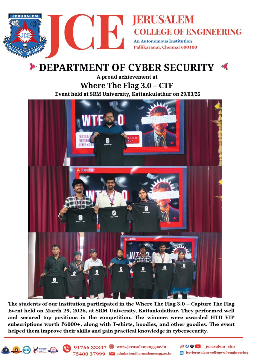 jerusalem_chn's tweet photo. 🔐 Department of Cyber Security – Proud Achievement 🏆
 outstanding participation and achievement in the Where The Flag 3.0 – Capture The Flag (CTF) competition conducted at SRM University.

#jce_student_council_official
#tagore_engg
#JerusalemCollegeofEngineering
#JCE
#college https://t.co/llVonVA5Qu