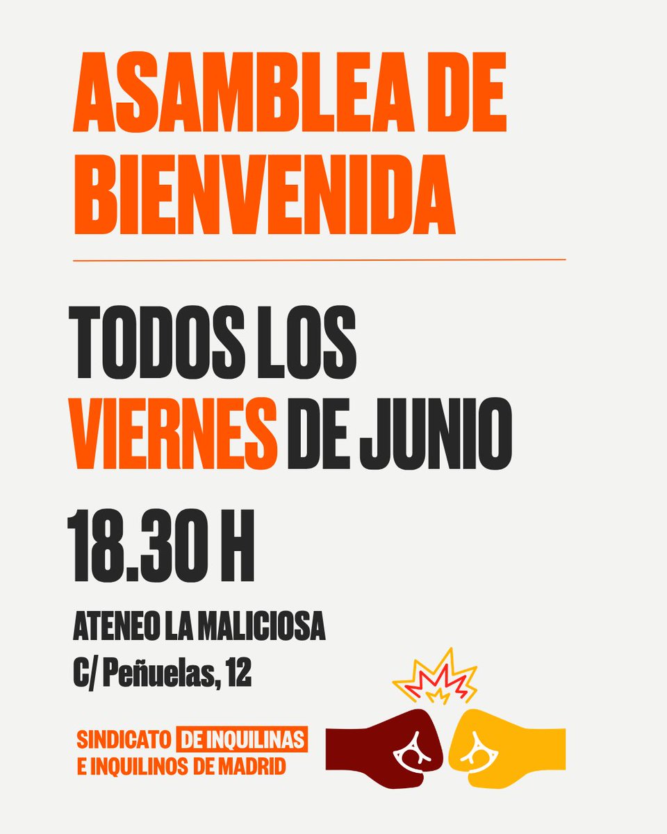 InquilinatoMad's tweet photo. ¡Os esperamos hoy en la asamblea de bienvenida para nuevos conflictos y participantes!

📍18.30 en el Ateneo la Maliciosa de C/Peñuelas. https://t.co/Dzu1ylfrGW