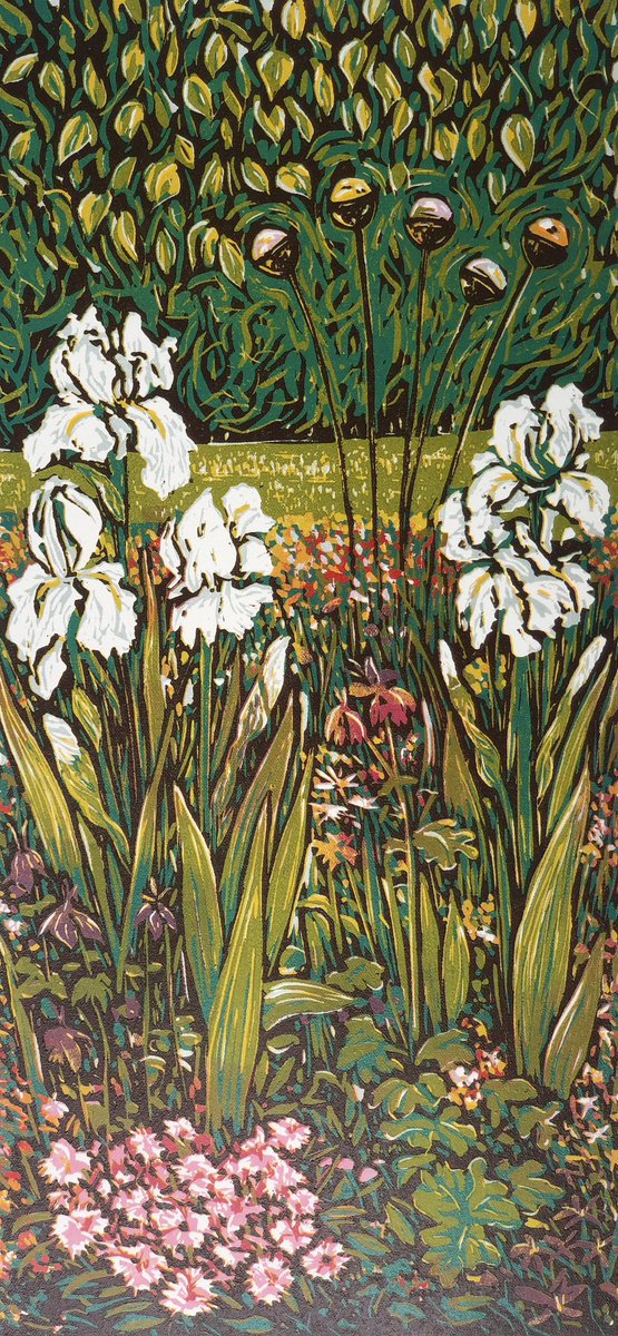 LouiseStebbing's tweet photo. My latest reduction linocut “The Artist’s Garden “ my garden brings so much joy but changes quickly I tried to capture just a moment in time #flowers #gardens #printmaker https://t.co/I02kLEBLGN