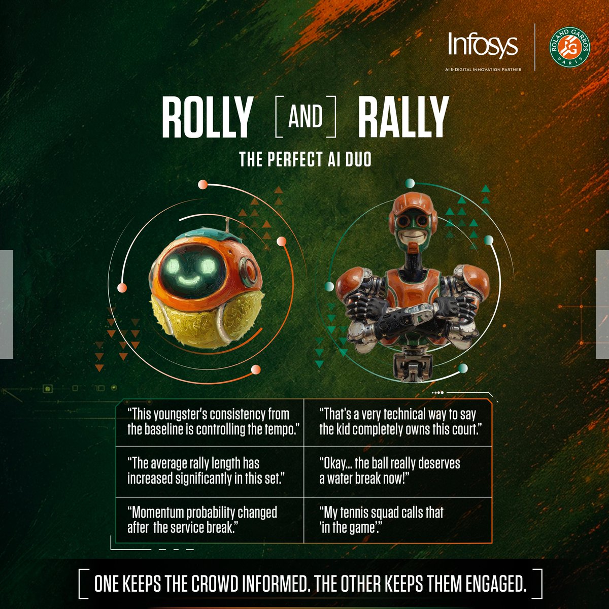 Infosys's tweet photo. Data is only as good as the story it tells. Rolly processes the match stats, while Rally serves up witty, unfiltered banter! Chat with Rolly on the official Roland-Garros website &amp; app, and visit Rally at the Infosys Fan Zone. 

#RolandGarrosWithInfosys #RG26 #NavigateYourNext https://t.co/51vXxCEB86