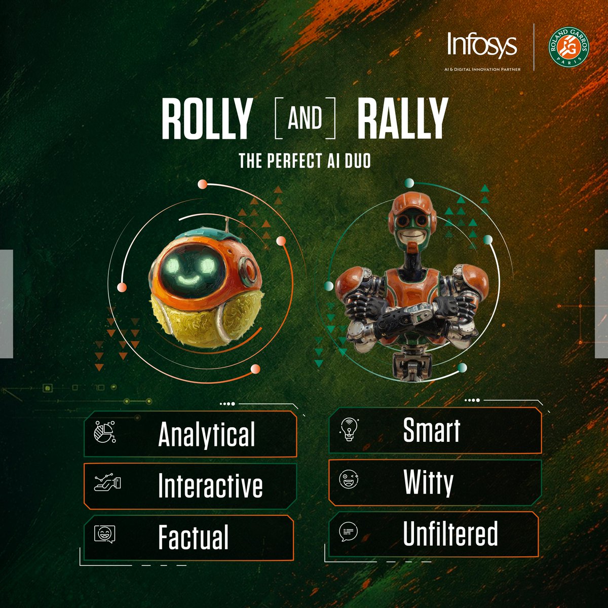 Infosys's tweet photo. Data is only as good as the story it tells. Rolly processes the match stats, while Rally serves up witty, unfiltered banter! Chat with Rolly on the official Roland-Garros website &amp; app, and visit Rally at the Infosys Fan Zone. 

#RolandGarrosWithInfosys #RG26 #NavigateYourNext https://t.co/51vXxCEB86