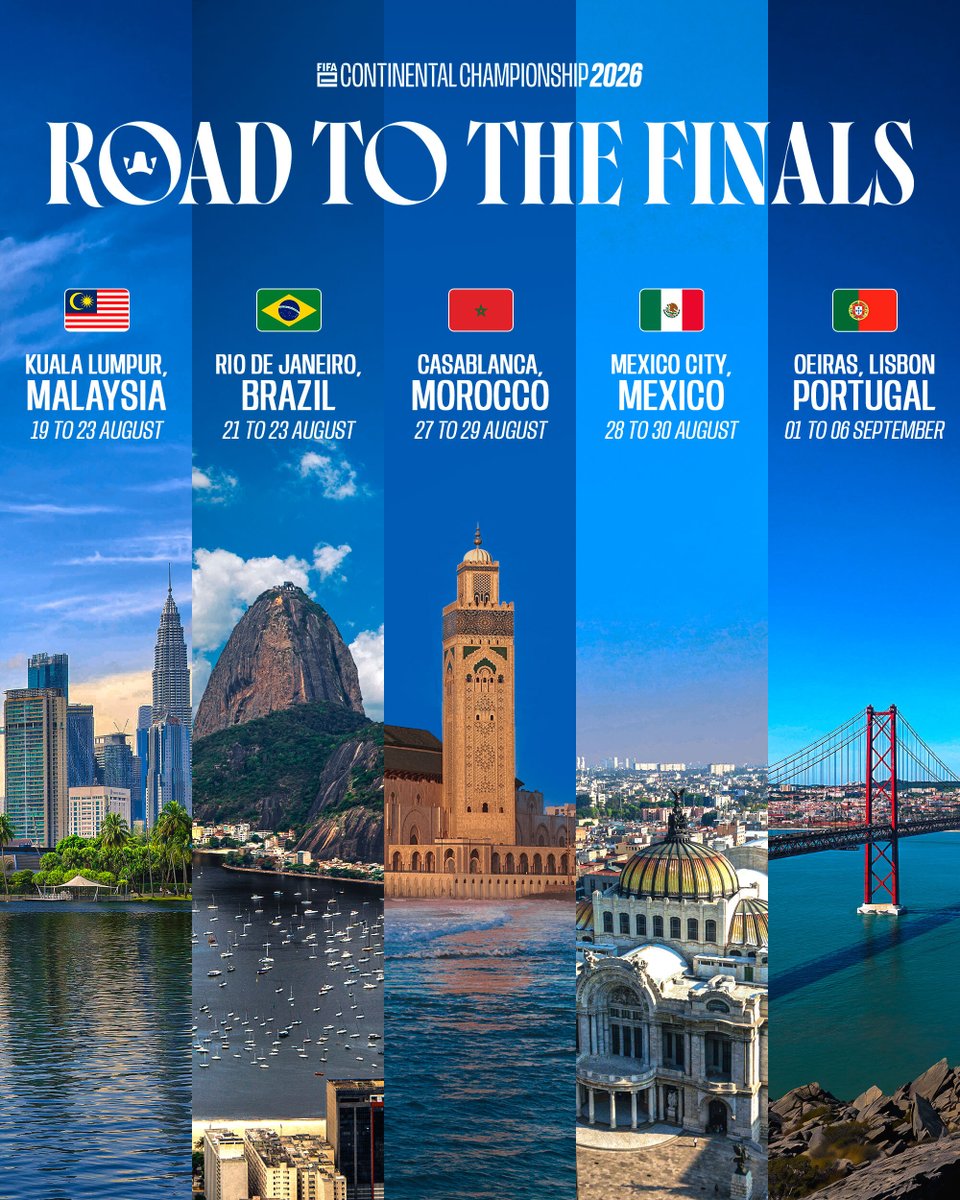 FIFAe's tweet photo. Five locations. One dream. 🇲🇾🇧🇷🇲🇽🇲🇦🇵🇹

The best of each region will compete across these five locations for a spot at the FIFAe Finals 2026. 🏆

#RoadToFIFAeFinals https://t.co/FPdcRIFQPl