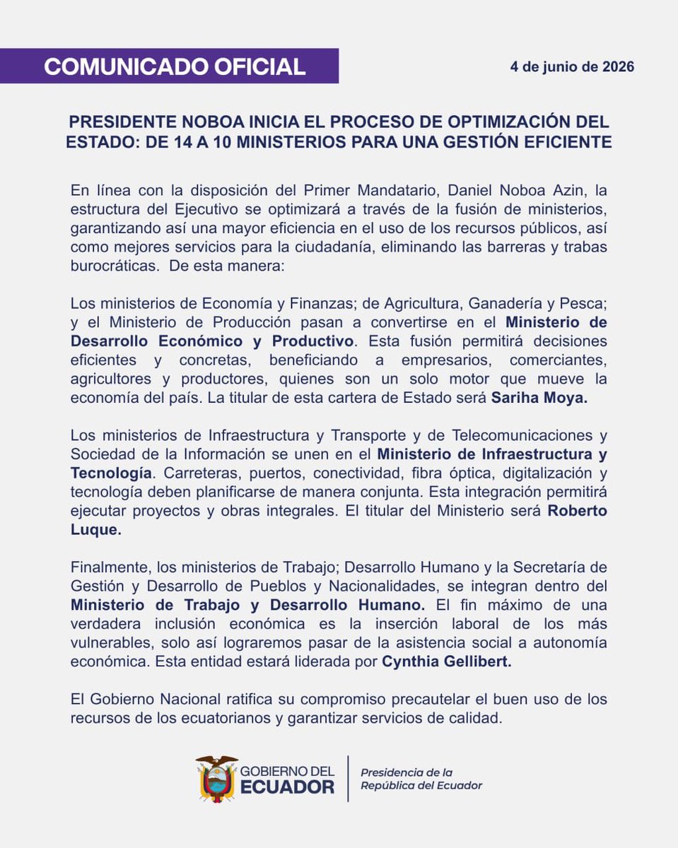 REDCI_Ecuador's tweet photo. 🚨 El Gobierno de Daniel Noboa reduce de 14 a 10 ministerios y crea tres "superministerios" bajo el argumento de optimizar el Estado.

Economía, Agricultura y Producción se fusionan; también Infraestructura con Telecomunicaciones, y Trabajo con Desarrollo Humano.

#Ecuador #DanielNoboa #Estado