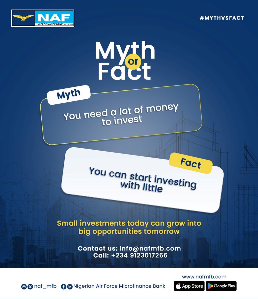 naf_mfb's tweet photo. Small and consistent investments today can create bigger opportunities for tomorrow.

#MythVsFact #FinancialTips #InvestSmart #WealthBuilding #NAFMFB https://t.co/5ud2rNQm2Z