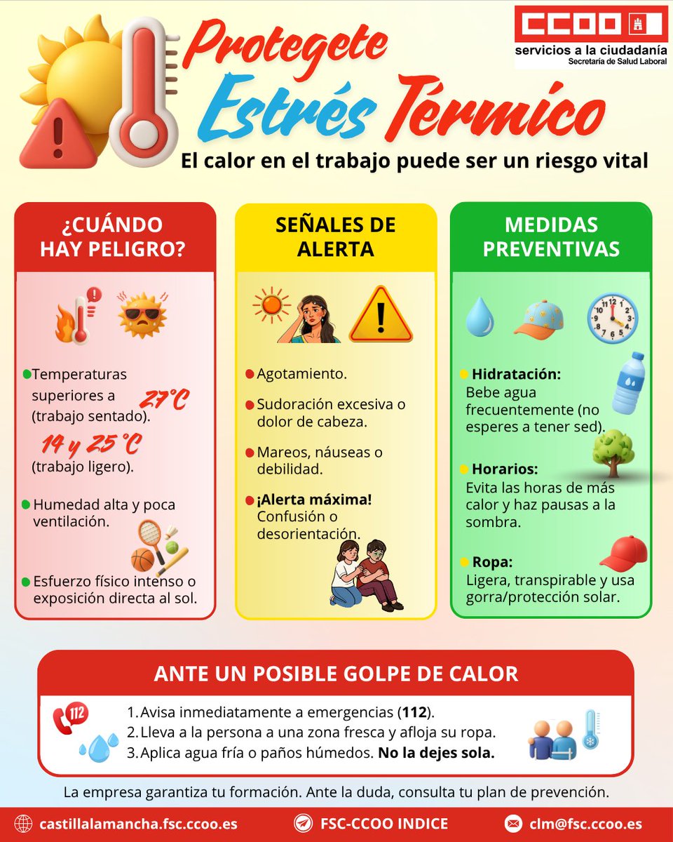 FSCccooCLM's tweet photo. Trabajar bajo calor extremo tiene límites legales. Conoce la normativa del INSST y el plan de prevención obligatorio contra el estrés térmico para proteger a tu equipo. 
https://t.co/5WlsUQ5Cb3 https://t.co/ohlYCq5xRS