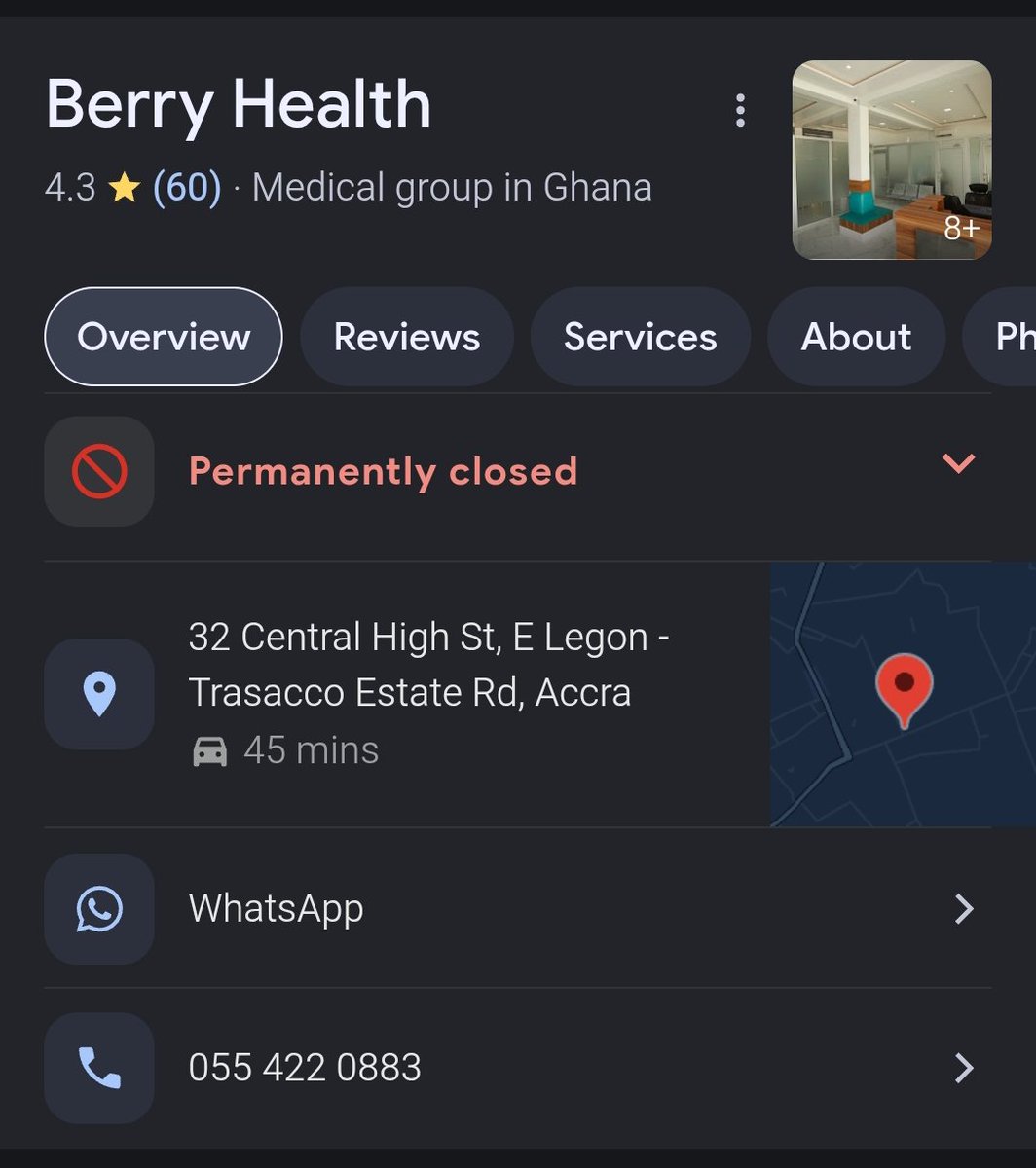 abrefa_william's tweet photo. Does anyone know what happened to Berry Health and why they permanently closed? Genuinely curious.

Cc: @YawAntwiOwusu @jakuuire https://t.co/xYwIpHERes