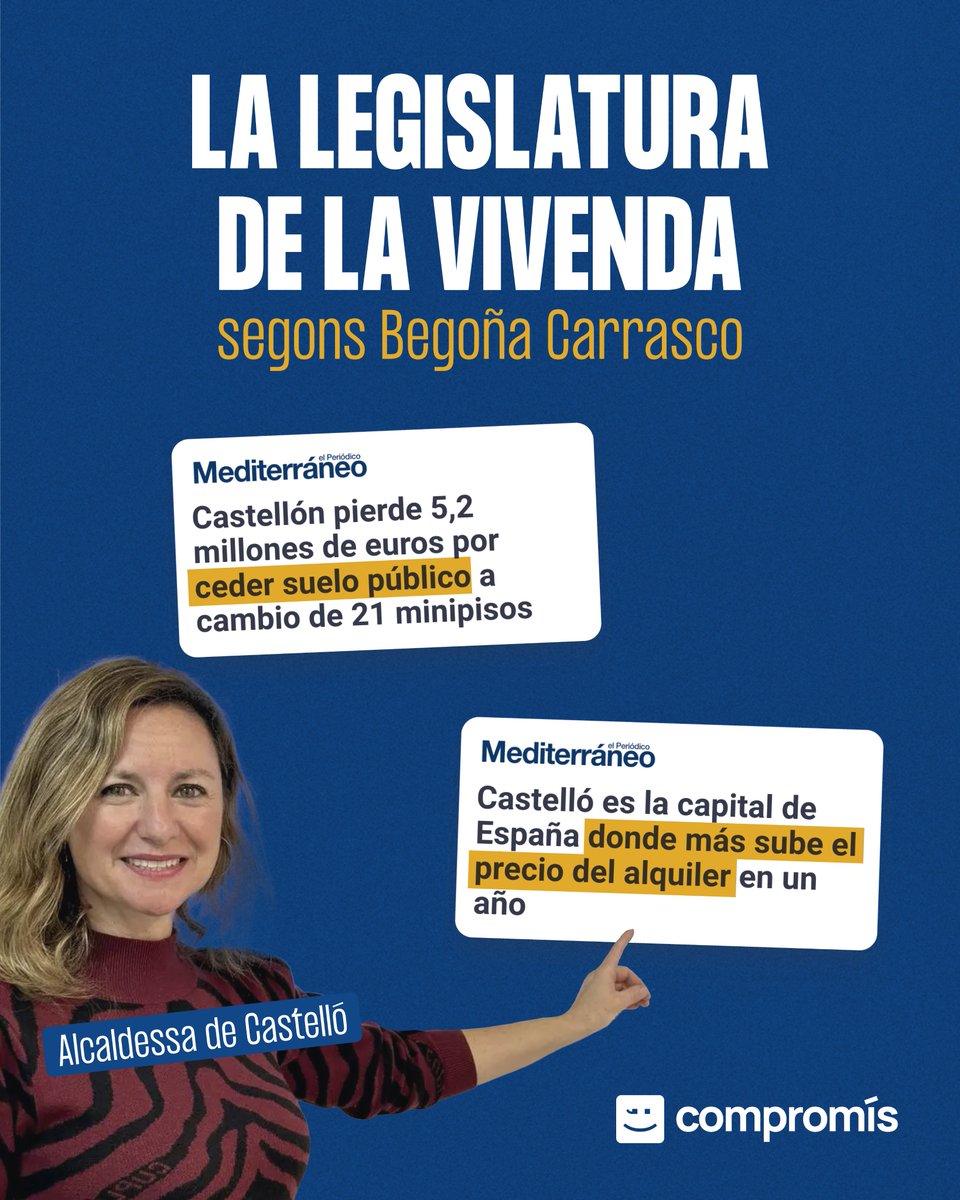 compromis's tweet photo. ❌ A Castelló, Begoña Carrasco va cedir sòl públic perquè la gent visca en minipisos.

✅ Es va negar a declarar Castelló com a zona tensionada. Ara és la capital de província on més puja el lloguer.