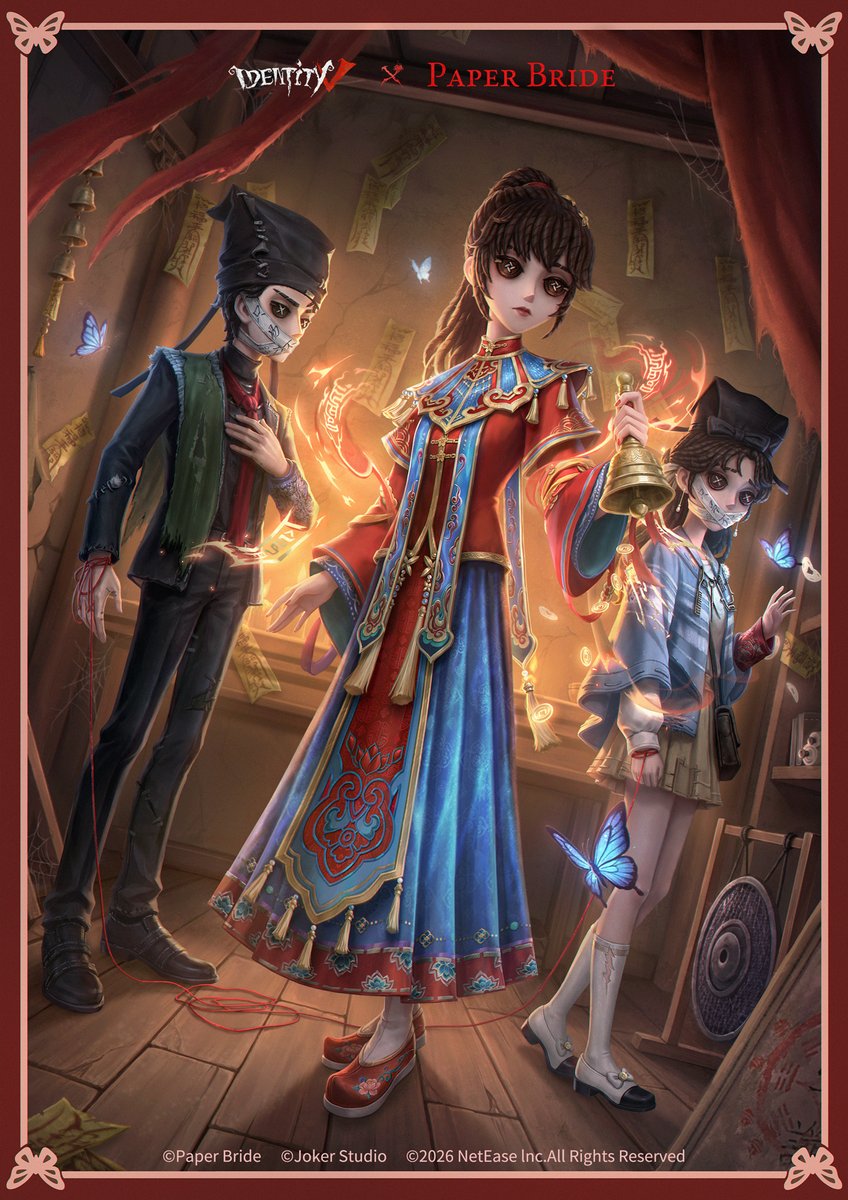 GameIdentityV's tweet photo. The Identity V × Paper Bride Crossover Part 2 begins July 2nd!
Available in the Shop:
[S Costume] Antiquarian - Paper Bride Tao Mengyan
[S Accessory] Antiquarian - Possessed Effigy
[A Costume] "The Psychologist" - Du Yanta

Free via Event:
[A Costume] "The Patient" - Li Fengze
Portrait Frame, Emotes, Graffiti & more!