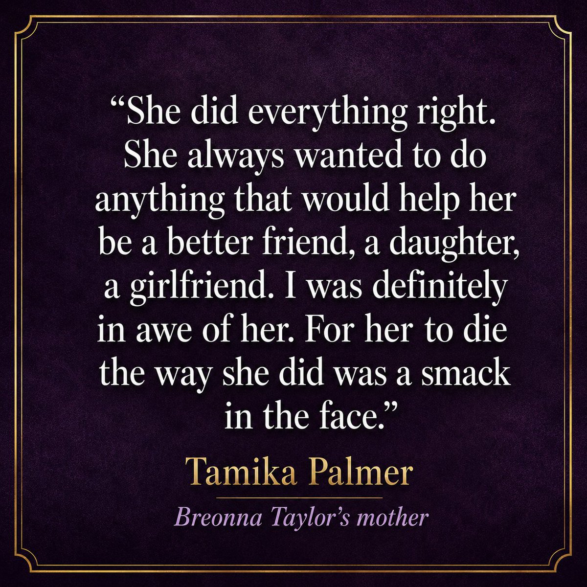 BerniceKing's tweet photo. I ran across these words Tamika Palmer shared about her daughter, Breonna Taylor, and they broke my heart, especially these words: “She did everything right.”

That truth stays with me. Breonna should be celebrating her 33rd birthday today. Instead, her mother is carrying the weight of an unimaginable loss and the injustice of a life taken without accountability.

We are still grieving a life stolen and confronting a system that remains broken. Breonna deserved to live. She deserved to grow older. She deserved justice.

#BreonnaTaylor #TamikaPalmer