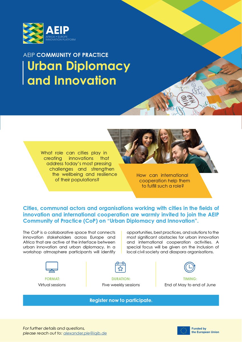 AAU_67's tweet photo. Today marks the official launch of the AEIP Community of Practice on Urban Diplomacy and Innovation.

This kick-off session will bring together cities, local authorities, civil society organisations, and innovation actors to begin a shared journey of collaboration, knowledge exchange, and innovative solutions for more resilient and connected urban communities.

Join us as we introduce the Community of Practice, explore upcoming activities, and connect with fellow members from across Africa and Europe.

📅 5 June 2026
⏰ 13:00–14:00 CET | 11:00–12:00 GMT

Join the session here: https://t.co/bBD7zIXVnC

Together, we are building a vibrant community committed to advancing urban innovation and international cooperation.
#UrbanDiplomacy #UrbanInnovation #AEIP #SustainableCities #HorizonEU