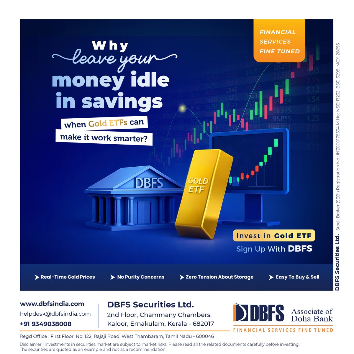DbfsGroup's tweet photo. Your money deserves more than sitting idle in a savings account. Gold ETFs offer a smart, hassle-free way to invest in gold—without storage worries or making charges. 

To explore the services we offer, please visit our website.
https://t.co/tePtQh93Nn https://t.co/3Dl1dJbCD9
