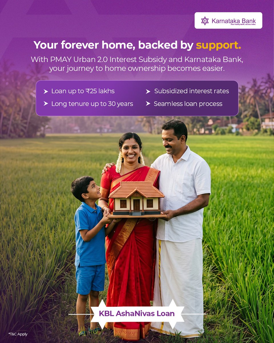 KarnatakaBank's tweet photo. When the right support meets your aspiration, owning a home becomes more than a dream. KBL AshaNivas Loan brings together affordability and accessibility to help you take that step forward.

Apply Now - https://t.co/WlmKCJBKQS

#KarnatakaBank #KBLAshaNivas #PMAYUrban2

[Karnataka Bank, Banking, Easy Banking, KBL AshaNivas, PMAY Urban 2.0]