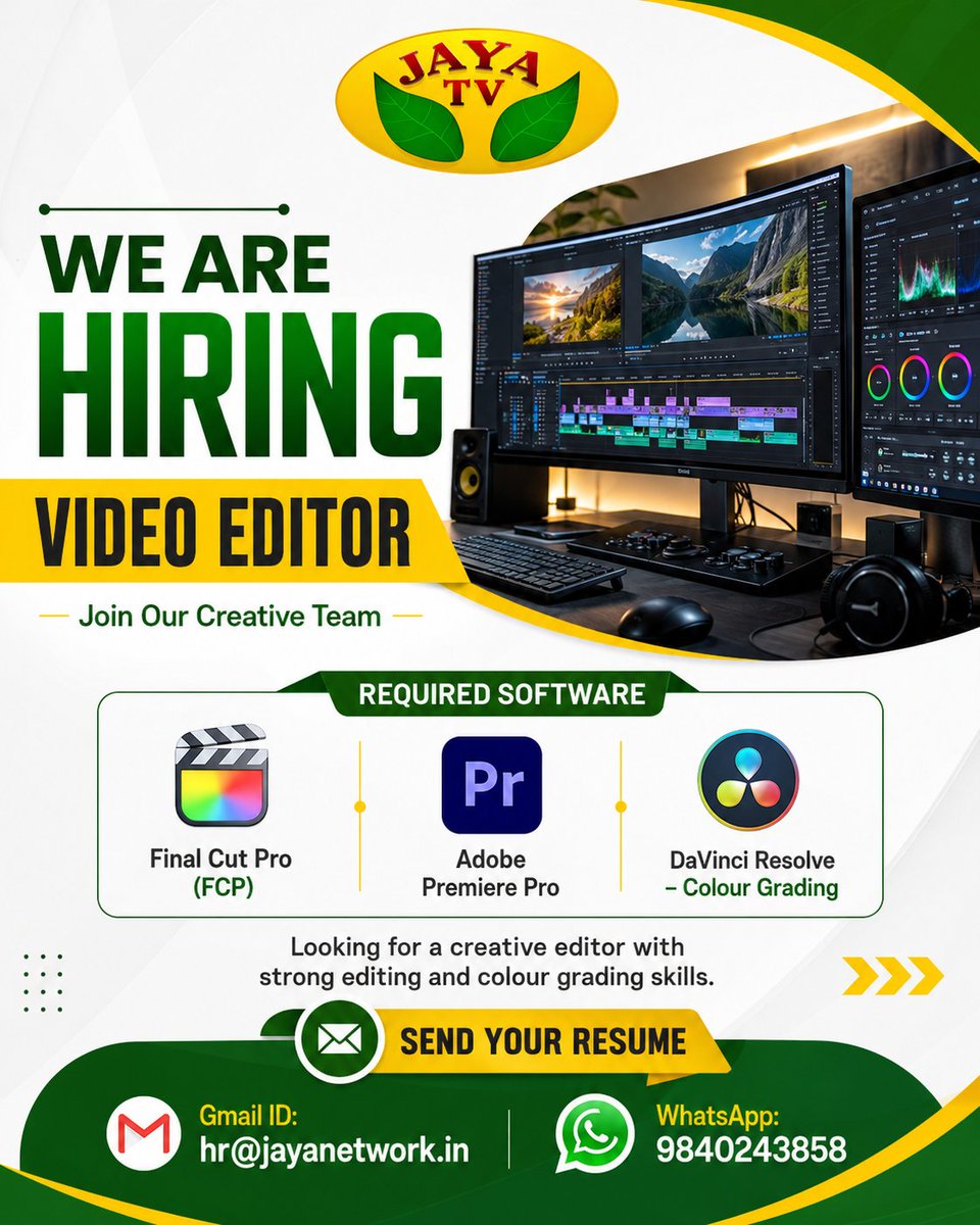 JayaTvOfficial's tweet photo. 🎬 We're Hiring a Video Editor!

Passionate about storytelling through edits? Join our team and create engaging content.

📩 Send your resume &amp; portfolio

#hiring #videoeditor #videoeditingjobs #editorwanted #contentcreators #creativejobs #videoproduction #nowhiring #jayatv https://t.co/NI0KKIT8cM