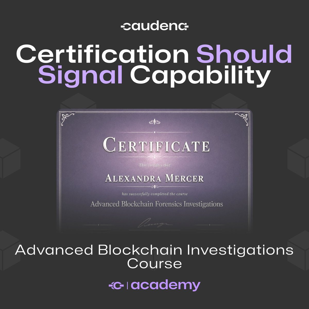 caudena_com's tweet photo. A certificate should say more than “completed the course.”

For blockchain investigations, the real signal is capability: can the investigator follow the trace, explain the logic, recognize uncertainty, and document the finding clearly? https://t.co/GoPfEnX0hZ