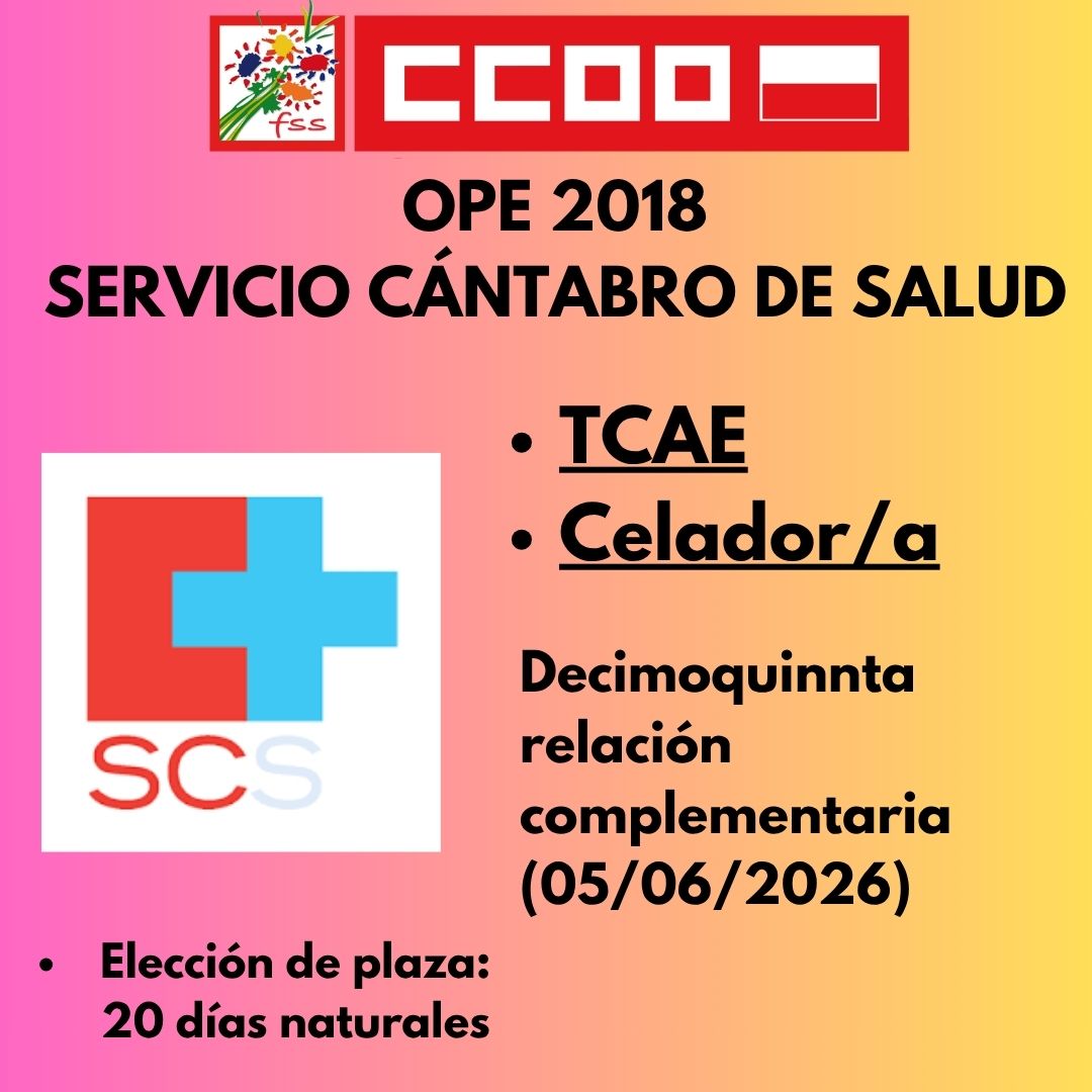 CCOOSanidadCant's tweet photo. 🔴 CCOO INFORMA OPE 2018 SCS 🔴

🧾 Decimoquinta relación complementaria de aspirantes que han superado el proceso y plazas a ofertar de las categorías: 

📍 TCAE
📍 Celador/a

👉 Plazo de elección de plaza; 20 días naturales https://t.co/aUFsY9nzhT