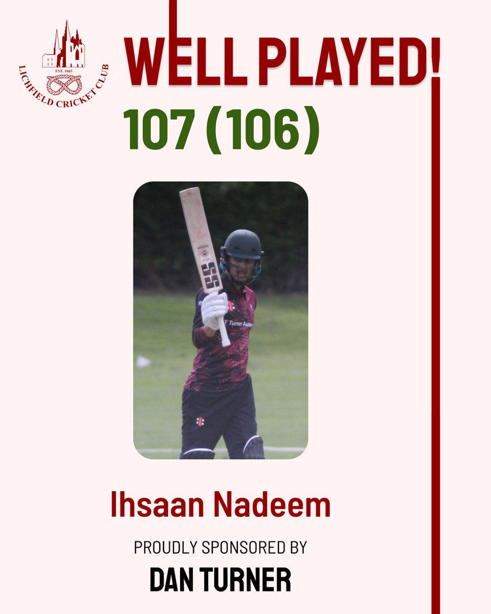 LichfieldCC's tweet photo. 🔴 WELL PLAYED! 🌟

Big runs last week:
💯 Ihsaan Nadeem — 107 (Dan Turner) 
Harry Turley-Salmons — 87 (Kookaburra) 
Elliott Tidman — 82 
James Badger — 68

Take a bow! 🏏
#LichfieldCricketClub #WellPlayed #CricketTwitter https://t.co/05xQXvBesK