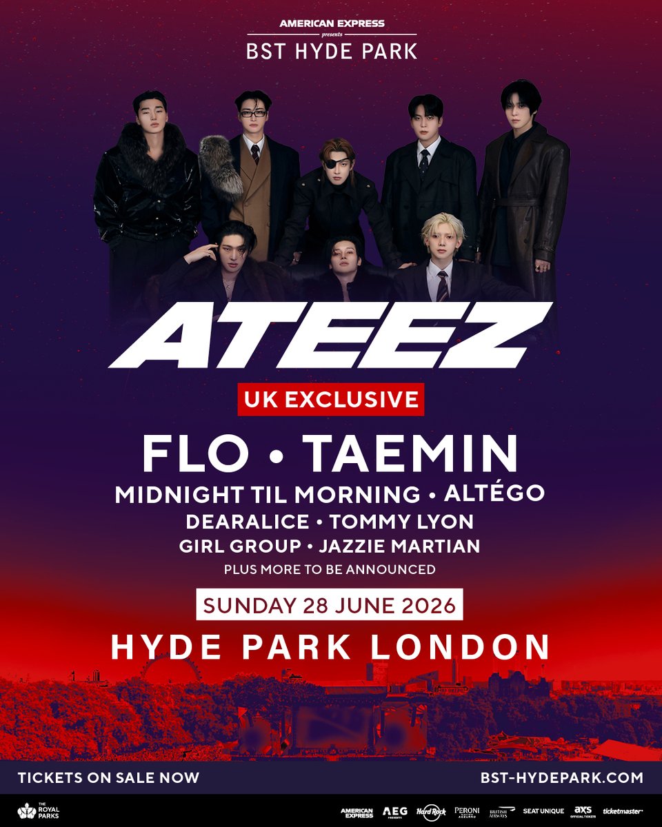 BSTHydePark's tweet photo. ATINY! We’re excited to announce that @flolikethis, Taemin, @mtmofficialband, @altego_music, @dearalicemusic, Tommy Lyon, Girl Group and Jazzie Martian are joining @ATEEZofficial at American Express presents @BSTHydePark on Sunday 28 June 🏴‍☠️

Plus, more artists still to be announced!

Book your tickets now at https://t.co/5mkuFInTd3
