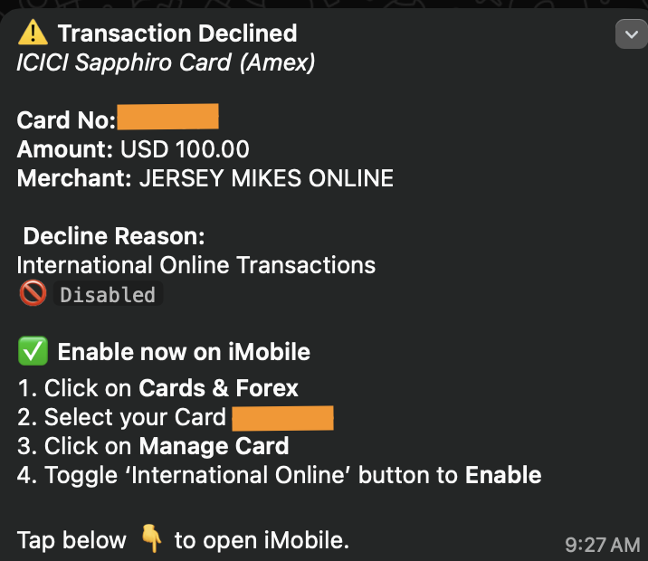 mntr_space's tweet photo. @ICICIBank  @ICICIBank_Care  Did you folks have some sort of a security incident or some sort of a leak? 

I just got this message about $100 being tried to be spent, and my international transactions are disabled. I have not used this card anywhere internationally ever. https://t.co/cEhwcJwdSv