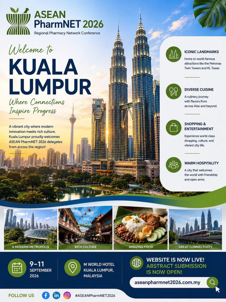 mupharm's tweet photo. 🇲🇾Meet Kuala Lumpur - Host City of ASEAN PharmNET 2026

📆9-11 September 2026
📍M World Hotel, Kuala Lumpur
🔗https://t.co/4IGy9yLQMa

We look forward to welcoming you to Malaysia.

#ASEANPharmNET2026 #ASEANPharmNET #KualaLumpur #Malaysia https://t.co/vtkFCYQXfv