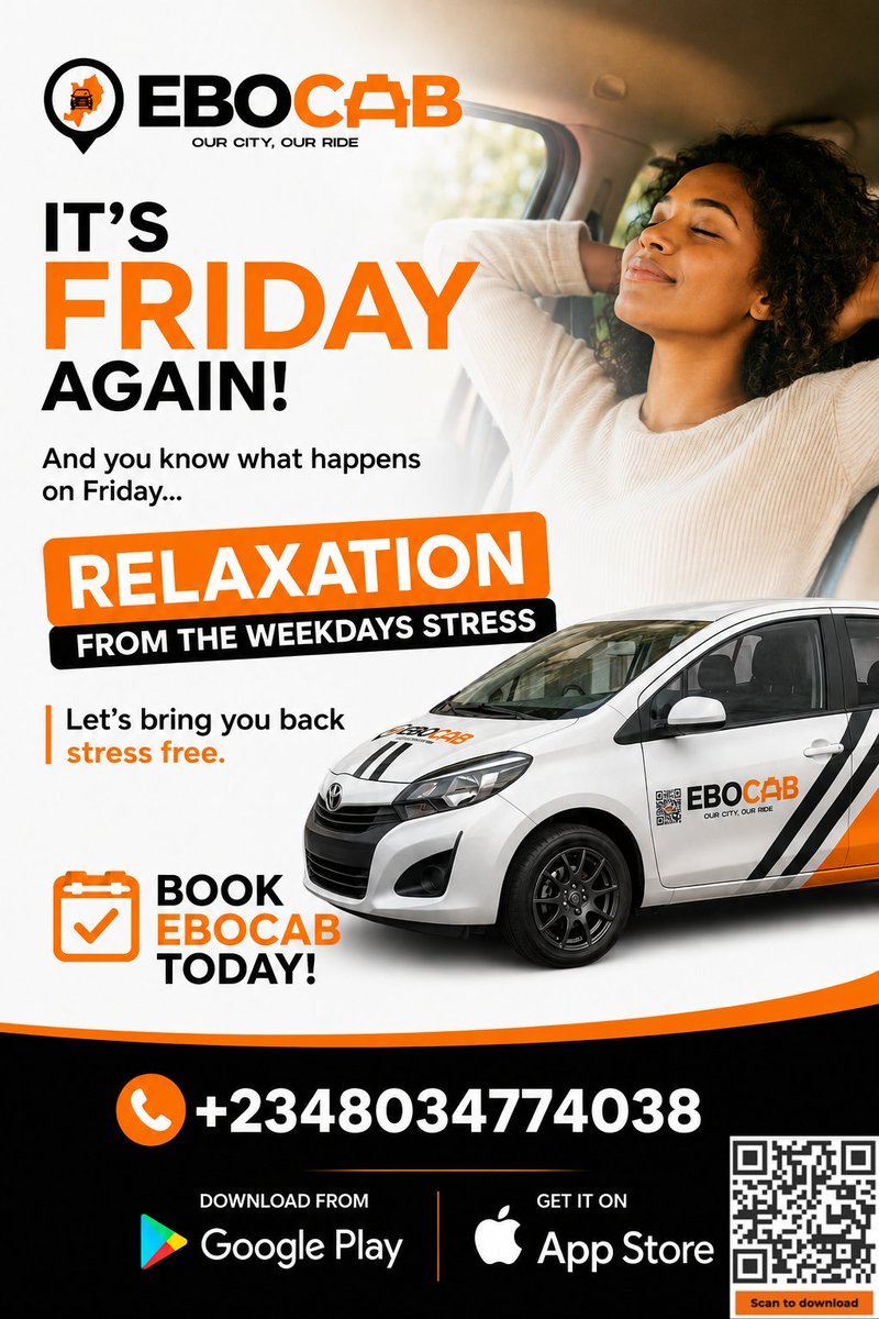 officialebocab's tweet photo. Friday is here 🎉

Leave the stress of the week behind and ride in comfort with Ebocab. Even if  you're heading out to relax, meet friends, or get home safely, we've got you covered.

📞 +2348034774038

#Ebocab #OurCityOurRide #FridayFeeling #RideWithEbocab #StressFreeRide https://t.co/wqmgaHLlxl