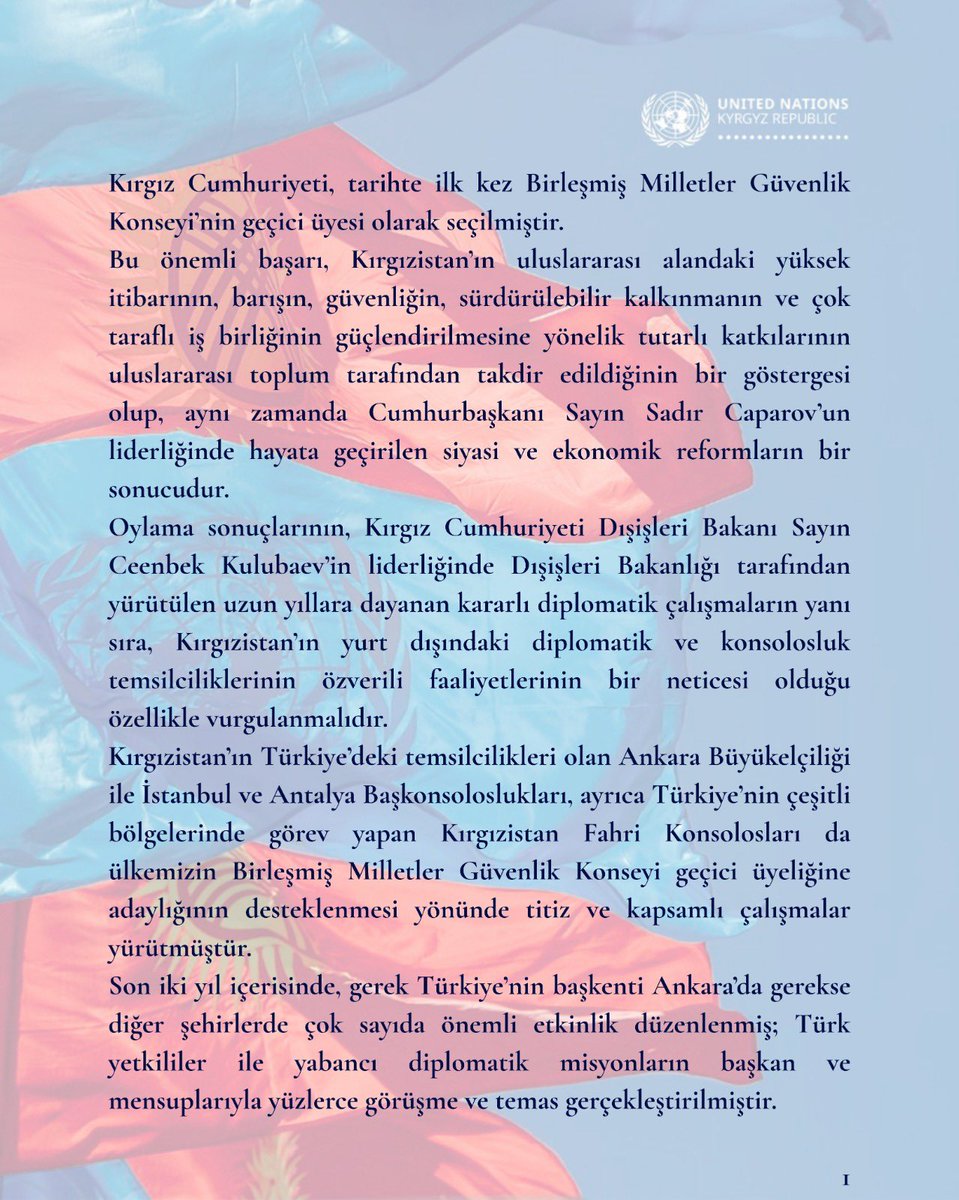 Kazakbaev_R's tweet photo. Kırgız Cumhuriyeti, tarihte ilk kez Birleşmiş Milletler Güvenlik Konseyi’nin geçici üyesi olarak seçilmiştir 👏🏽👏🏽👏🏽 🇰🇬🇺🇳 @MFA_Kyrgyzstan @UN @TC_Disisleri https://t.co/Q2c5PC8eq8