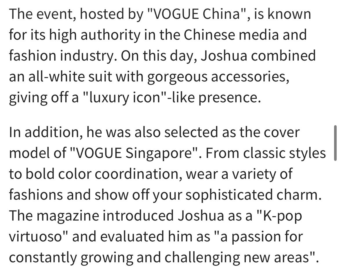 lovefordance's tweet photo. SEVENTEEN's Joshua is attracting hot attention from the world's fashion world.
On June 5, according to his agency PLEDIS Entertainment, Joshua has received a series of love calls from famous brands and world-renowned magazines.

First, he was selected as "Friends of the House" by the Swiss luxury watch brand "Jaguar LeCurt". This is the first appointment as a K-POP artist.

Jaguar LeCurt commented, "Joshua's honesty, moderate attitude, and dedication naturally overlap with the values that the Maison values." 

In addition, Joshua was the only overseas artist invited to the large-scale fashion event "VOGUE VACATION" held in Sichuan Province, China on May 29.

In addition, he was also selected as the cover model of "VOGUE Singapore". From classic styles to bold color coordination, wear a variety of fashions and show off your sophisticated charm. The magazine introduced Joshua as a "K-pop virtuoso" and evaluated him as "a passion for constantly growing and challenging new areas".

MY SHUA IS FULLY BOOKED AND BUSY FROM ALL THE DIFFERENT FASHION BRANDS & MAGAZINES😏😏