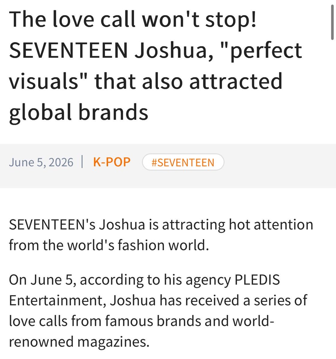 lovefordance's tweet photo. SEVENTEEN's Joshua is attracting hot attention from the world's fashion world.
On June 5, according to his agency PLEDIS Entertainment, Joshua has received a series of love calls from famous brands and world-renowned magazines.

First, he was selected as "Friends of the House" by the Swiss luxury watch brand "Jaguar LeCurt". This is the first appointment as a K-POP artist.

Jaguar LeCurt commented, "Joshua's honesty, moderate attitude, and dedication naturally overlap with the values that the Maison values." 

In addition, Joshua was the only overseas artist invited to the large-scale fashion event "VOGUE VACATION" held in Sichuan Province, China on May 29.

In addition, he was also selected as the cover model of "VOGUE Singapore". From classic styles to bold color coordination, wear a variety of fashions and show off your sophisticated charm. The magazine introduced Joshua as a "K-pop virtuoso" and evaluated him as "a passion for constantly growing and challenging new areas".

MY SHUA IS FULLY BOOKED AND BUSY FROM ALL THE DIFFERENT FASHION BRANDS & MAGAZINES😏😏