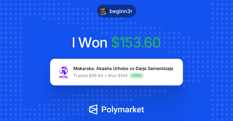 winner_here's tweet photo. Мой выигрыш на @Polymarket составил 153.60 долл. США!

Присоединяйтесь ко мне и поставьте свои деньги на то, во что вы верите: https://t.co/djMVjNGt2B https://t.co/eEg7W3iEyQ