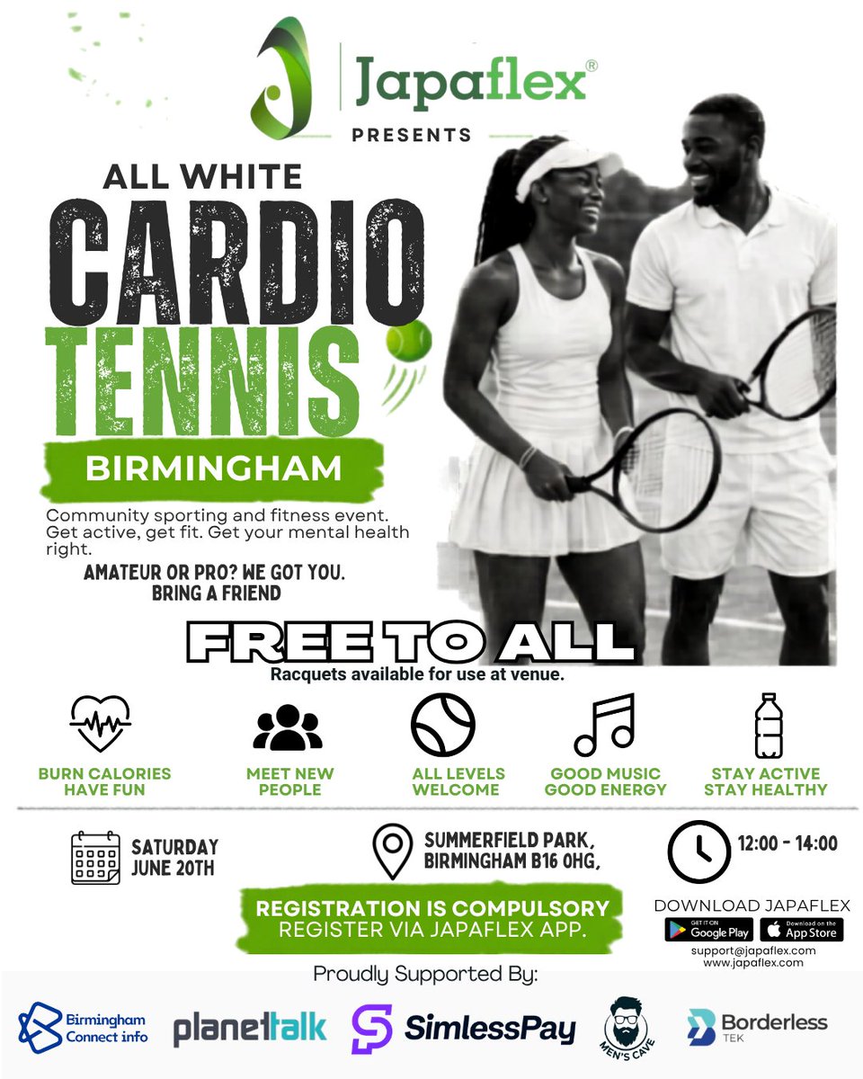 japaflex's tweet photo. Are you based in Birmingham? Come out and socialise with other members of your city at the Japaflex all-white cardio Tennis event. Get active, improve your mental health.
Register here
https://t.co/vB0Qxi6UpL https://t.co/ZdwLMqw6zO