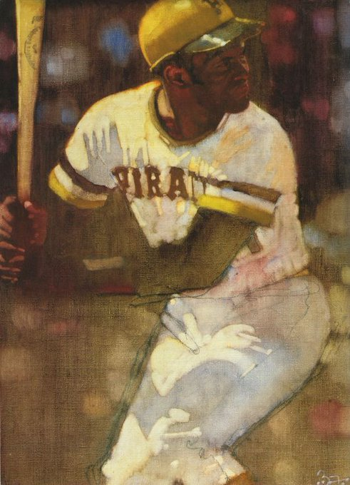 Jimfrombaseball's tweet photo. "The 1971 World Series was a shared experience, already permanently fixed in my memory, of Roberto Clemente playing a kind of baseball that none of us had seen before:
Throwing and running and hitting at something close to the absolute perfection, playing to win, but also playing the game as if it were a form of punishment for everyone else on the field.
Clemente is a frightening batter…a pitch…in his power zone is in imminent danger of departure.
A proud and bitter man with his haughty, striking profile, Clemente is convinced that he is the finest ballplayer in the world.
He believes that for various reasons:
His frequent injuries, the fact that he is black, the fact that he is Puerto Rican and speaks English with an accent, he has been deliberately damaged by the press and kept from the kind of recognition and adulation that we have given to the Aarons and Mayses and Mantles of our time."
Roger Angell.
"After I failed to win the Most Valuable Player Award in 1960, I made up my mind I'd win the batting title in 1961 for the first time. I am more valuable to my team hitting .330 then swinging for home runs."
Roberto Clemente.
Won four National League batting titles in his career (1961, 1964, 1965 and 1967).
His lifetime MLB batting average is .317. "Clemente could field the ball in New York and throw out a guy in Pennsylvania."
Vin Scully.
"Clemente"
Art by Bernie Fuchs.