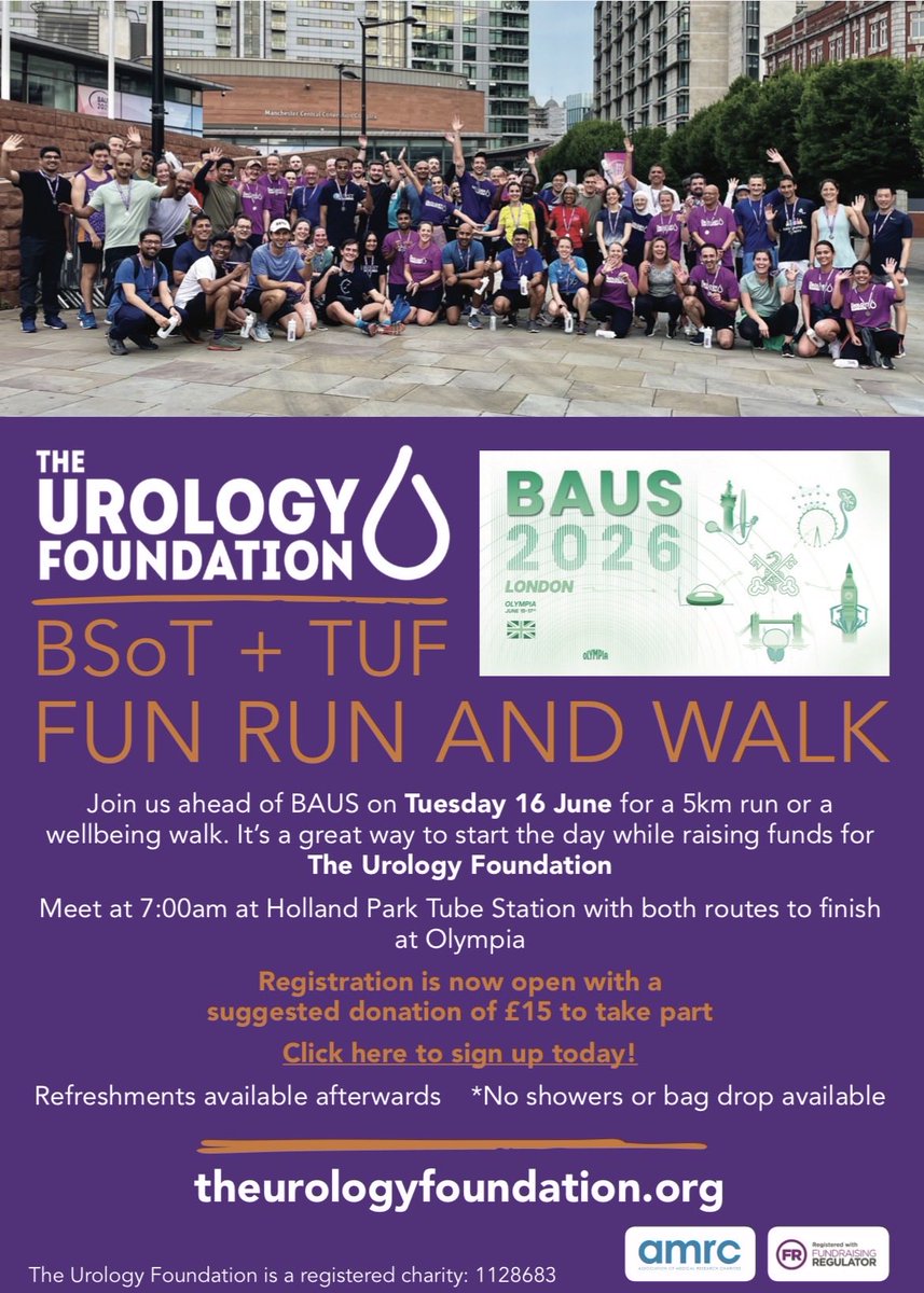 BAUSurology's tweet photo. Swap your coffee for a 5km run - or choose the wellbeing walk instead. 🏃‍♀️🚶

Join the @BSoT_UK + @TUF_tweets Fun Run &amp; Walk on Tues 16 June. Meet at 0700 at Holland Park Tube Station and finish at Olympia. 

💜 Suggested donation: £15

🔗 Sign up today: https://t.co/rdBKnmZJor https://t.co/tULfSWnvMA